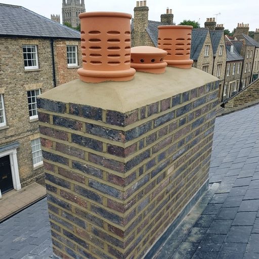 Repointed chimney stack with fresh mortar flaunching and terracotta pots