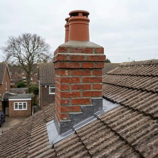 Brick chimney stack with new lead flashing dressed over the roof tiles at its base